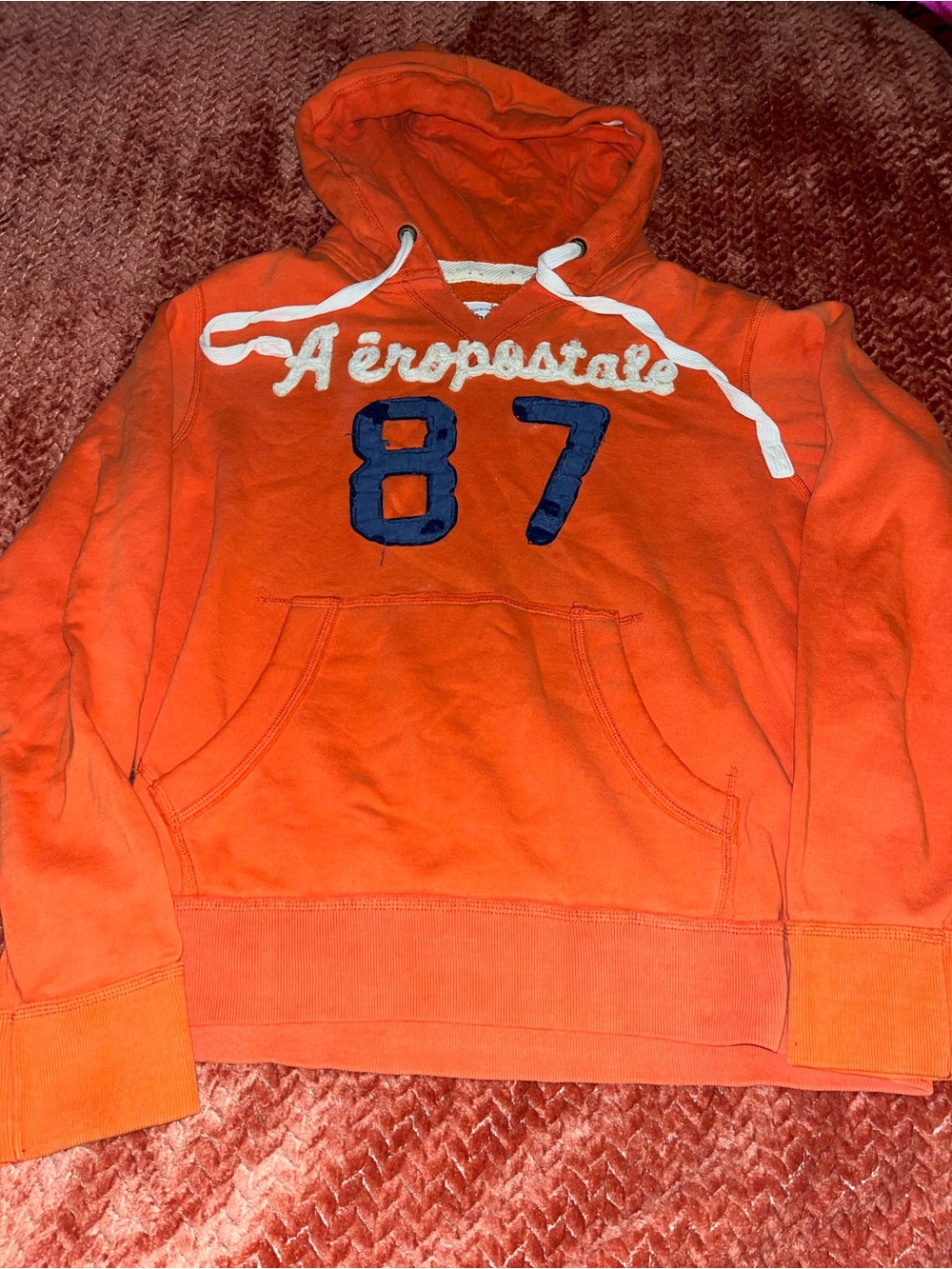 Y2K Aeropostale Orange Pullover Hoodie with Navy '87 Appliqué. SizeL